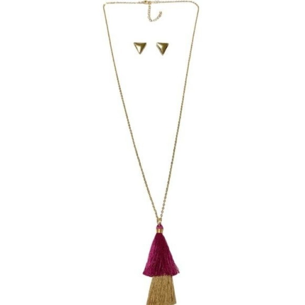 Lily Sky Tassel Necklace & Earring Set Gold & Pink